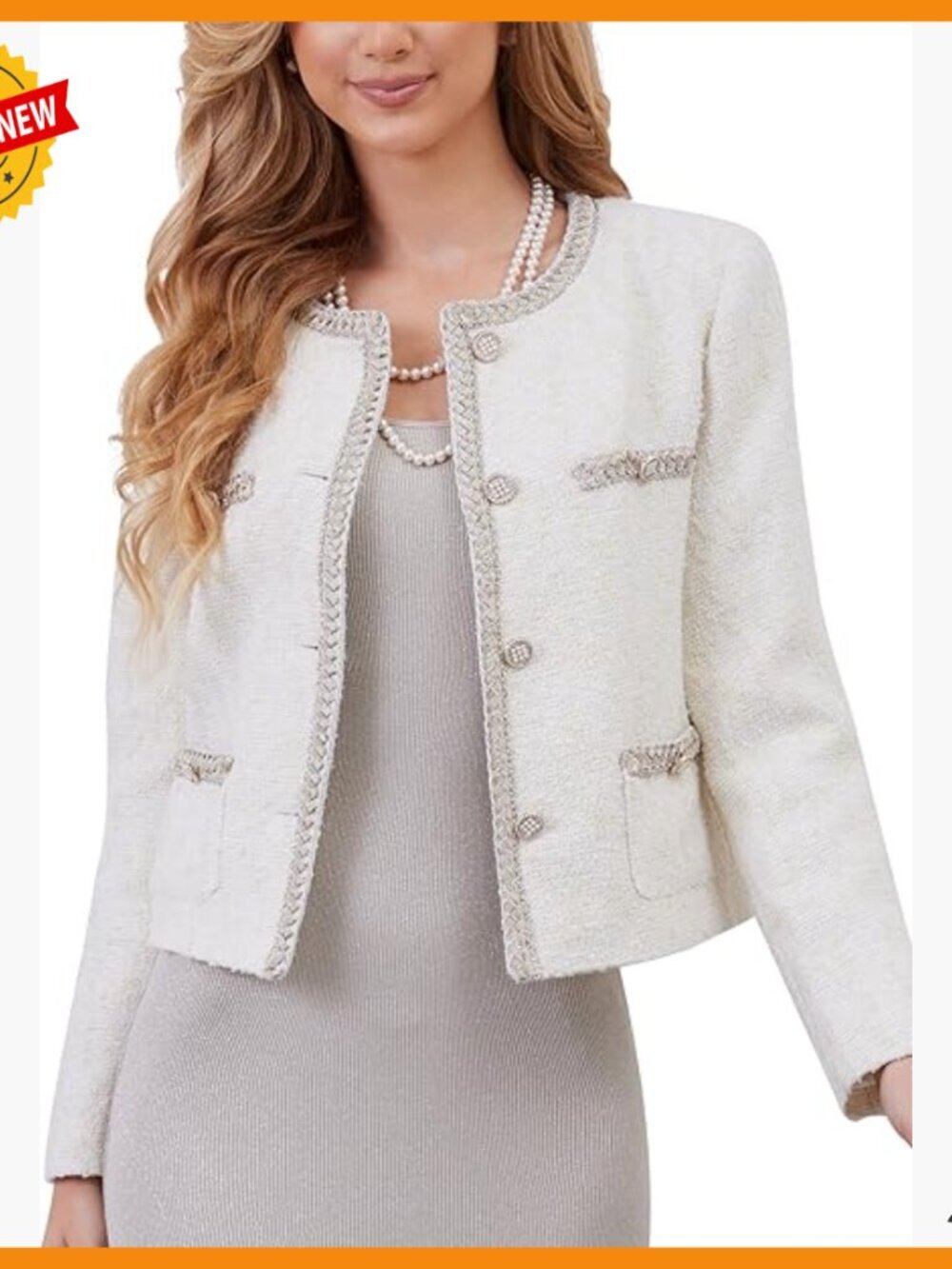 Cropped Tweed Blazer with Pockets, Long Sleeve Crewneck Collarless Jacket